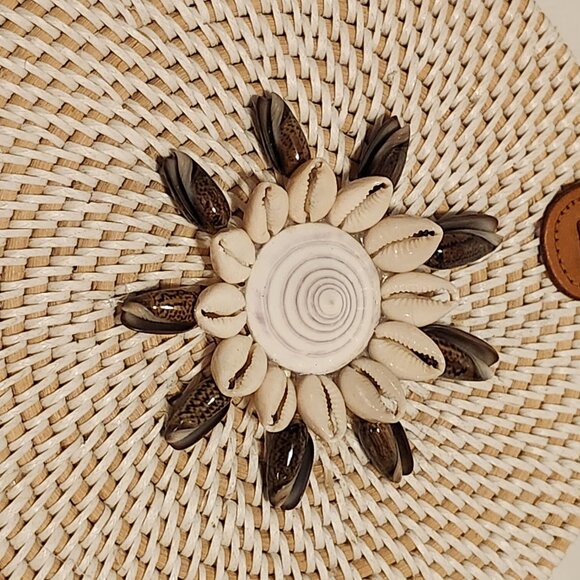 BOHO Structured Circle Straw Crossbody Bag with Seashell Patern Roundie HYACINTH - Picture 10 of 12
